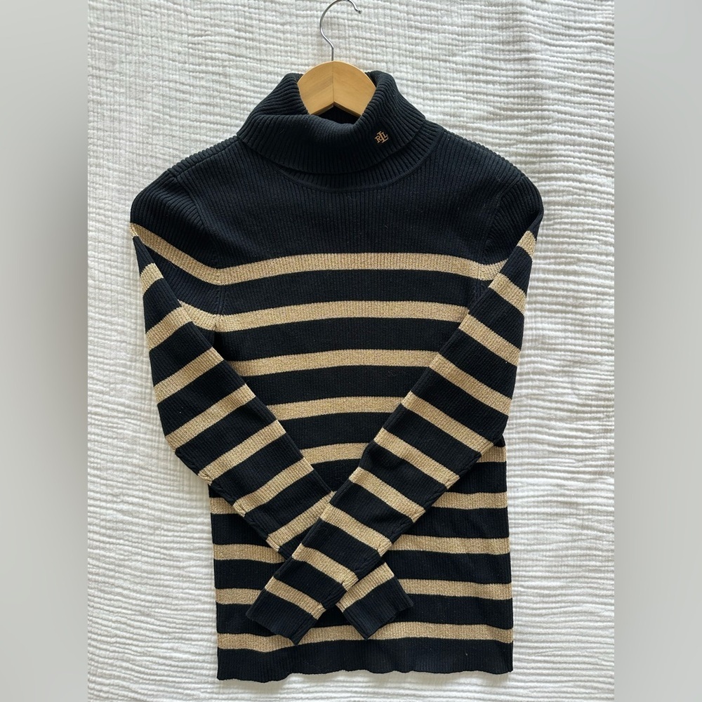 Vintage Ralph Lauren Black and Gold Striped Woman’s Turtleneck Sweater